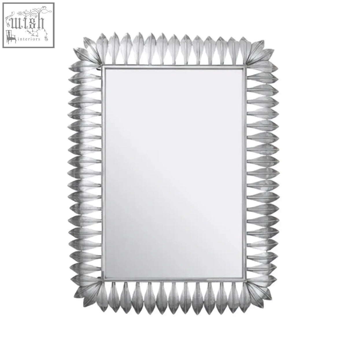 Merlin silver leaf frame wall mirror with a silver-framed rectangular design and decorative spiky leaf frame border