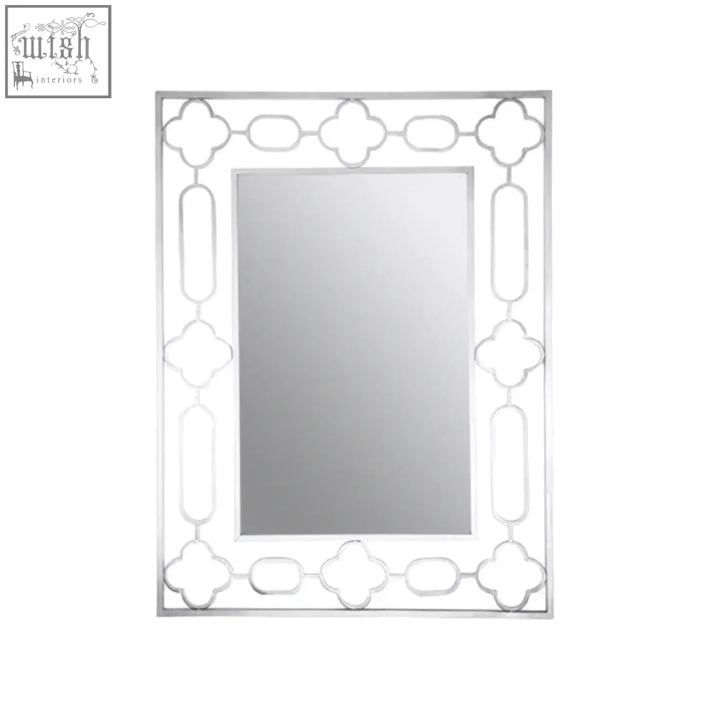 Merlin silver leaf wall mirror featuring a silver framed rectangular design with an ornate quatrefoil pattern