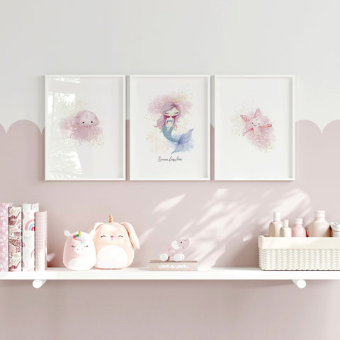 Mermaid Decorations Bedroom | Set of 3 wall art prints