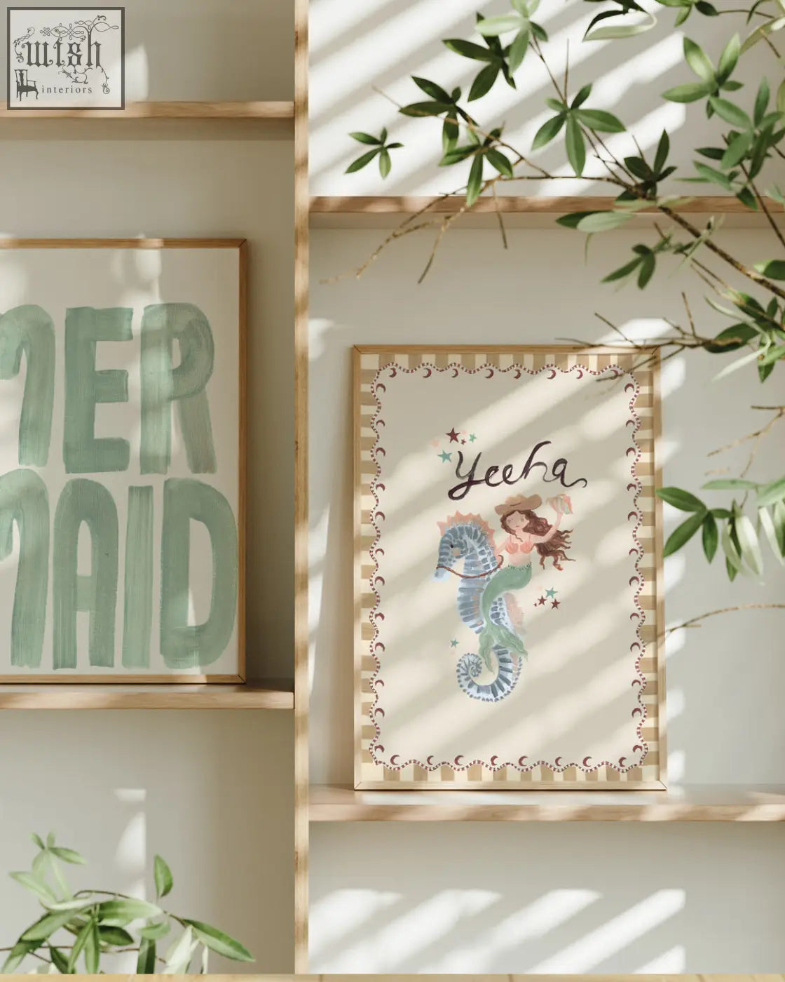 A framed mermaid word art print with a whimsical mermaid riding a seahorse in acrylic paint cream sea collection