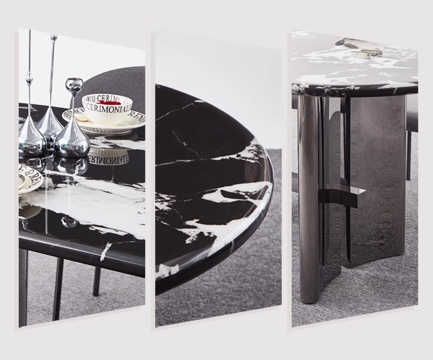 Black marble meroy dining table with sleek modern legs and glossy finish perfect for stylish dining spaces