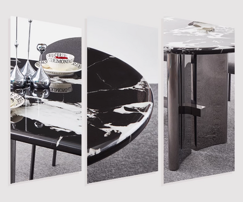 Black marble meroy dining table with sleek modern legs and glossy finish perfect for stylish dining spaces