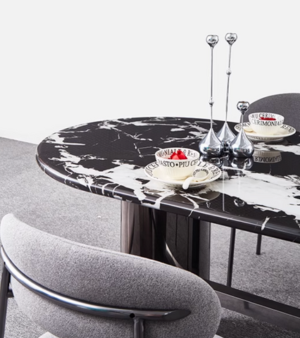 Black marble top meroy dining table with sleek modern legs and glossy finish perfect for stylish dining spaces