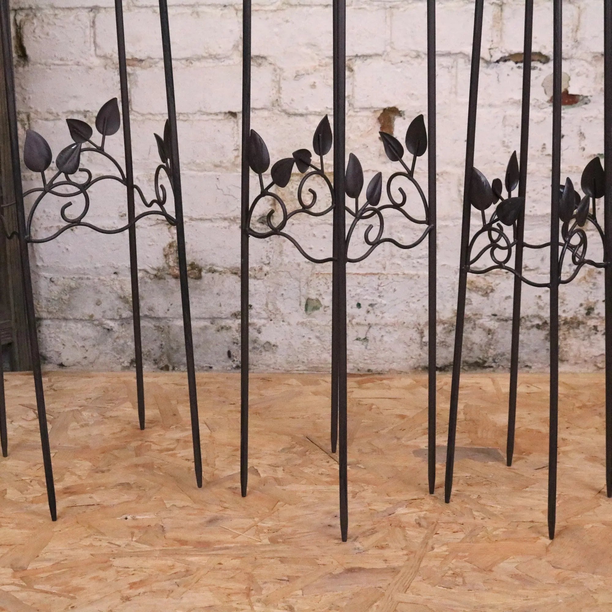 Black wrought iron metal garden obelisks set of 3 with ornate leaf and vine detailing for garden decor