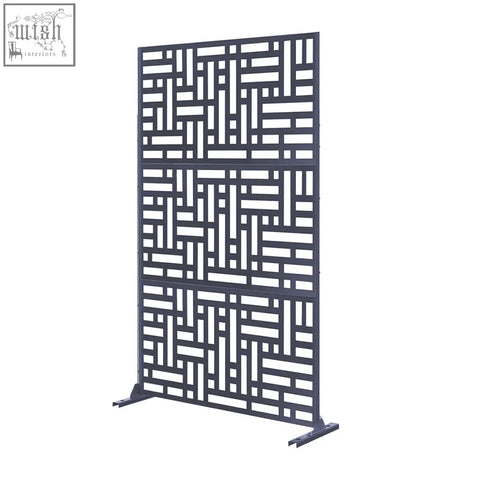 Dark gray metal privacy screen with geometric lattice pattern ideal for indoor outdoor use 90cm x 180cm maze design