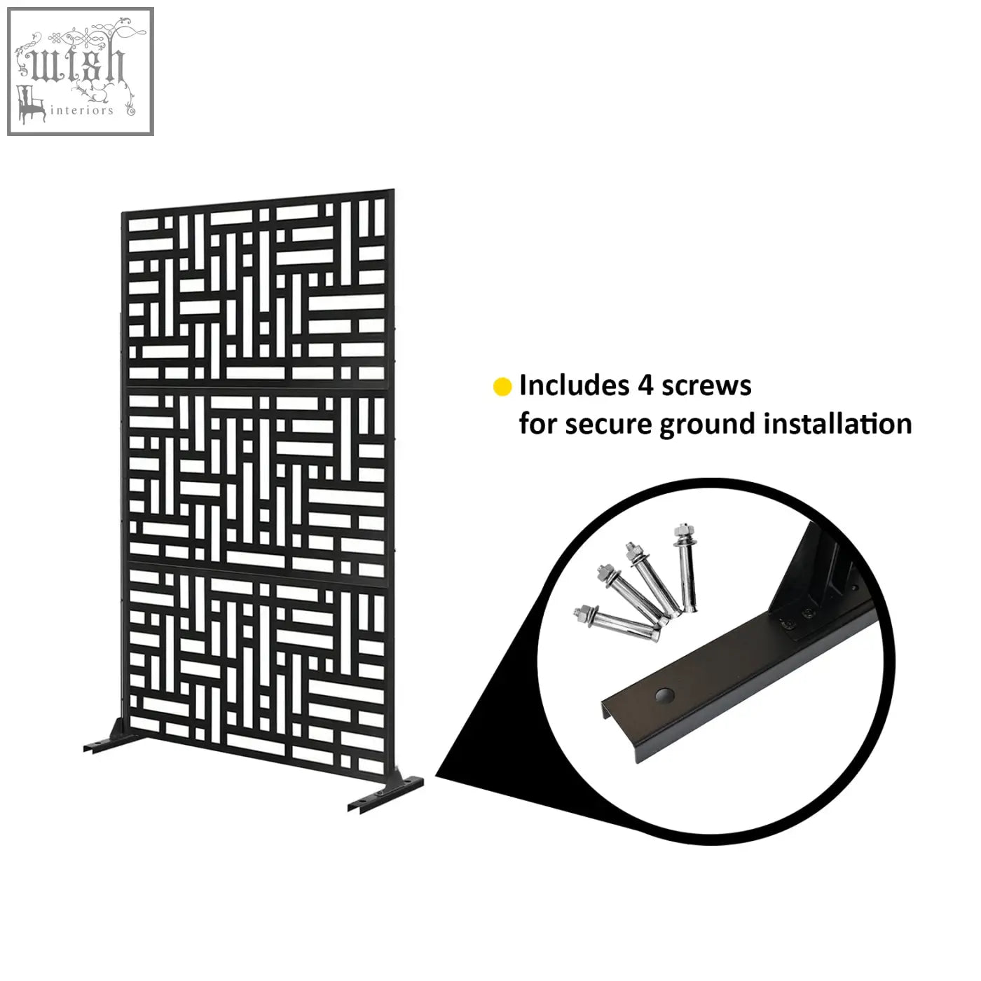 Black metal privacy screen with geometric lattice design perfect for indoor outdoor use measuring 90cm by 180cm