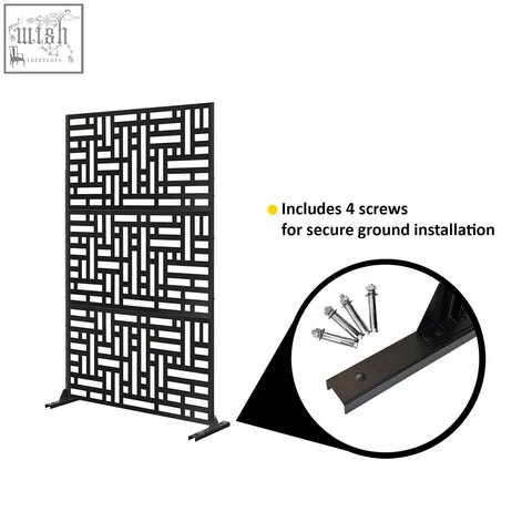 Black metal privacy screen with geometric lattice design perfect for indoor outdoor use measuring 90cm by 180cm