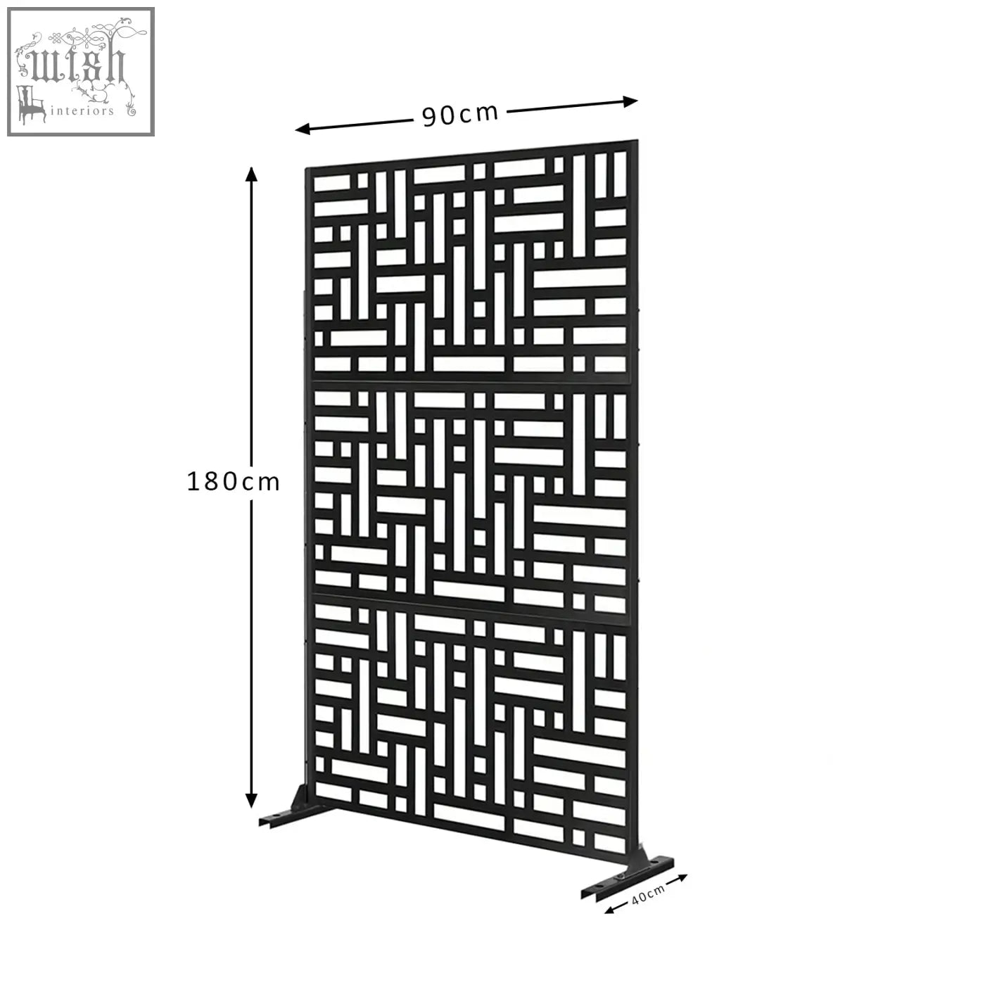Black metal privacy screen with geometric lattice design for indoor and outdoor use measuring 90cm by 180cm