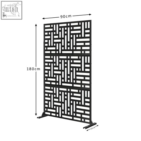 Black metal privacy screen with geometric lattice design for indoor and outdoor use measuring 90cm by 180cm