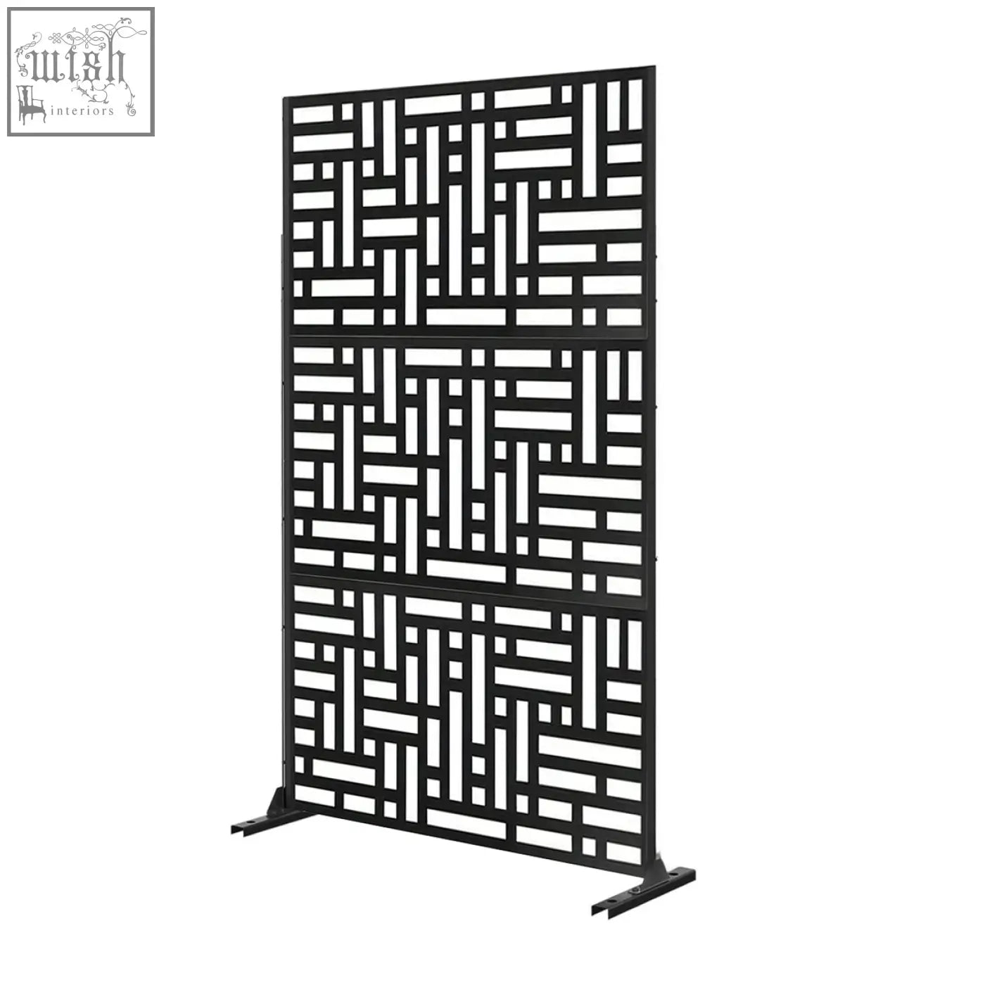 Black metal privacy screen with geometric lattice pattern for indoor and outdoor use 90cm x 180cm maze design
