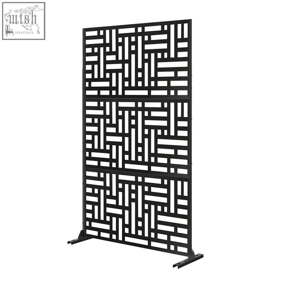 Black metal privacy screen with geometric lattice pattern for indoor and outdoor use 90cm x 180cm maze design