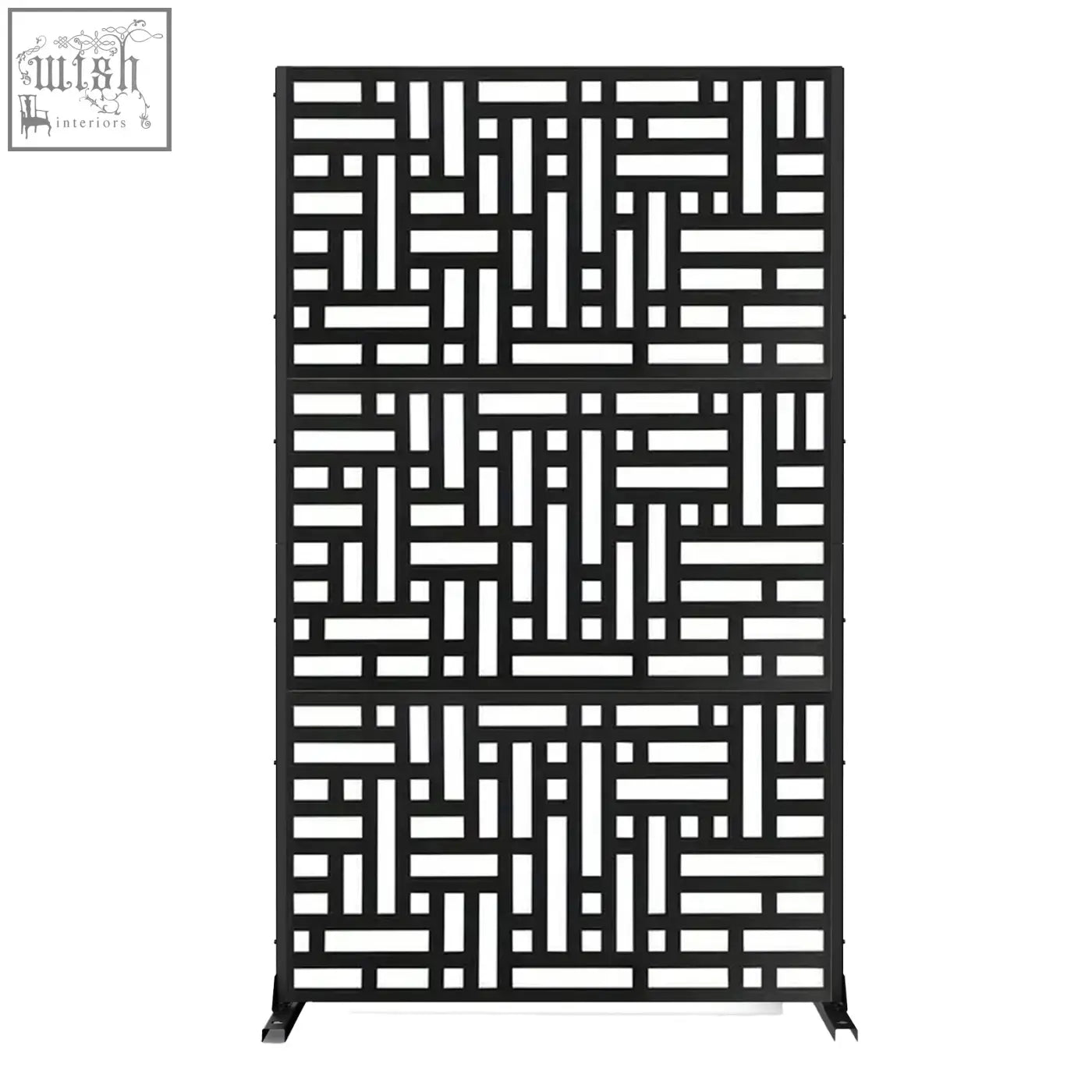 Black metal privacy screen with geometric lattice pattern ideal for indoor outdoor use 90cm by 180cm maze design