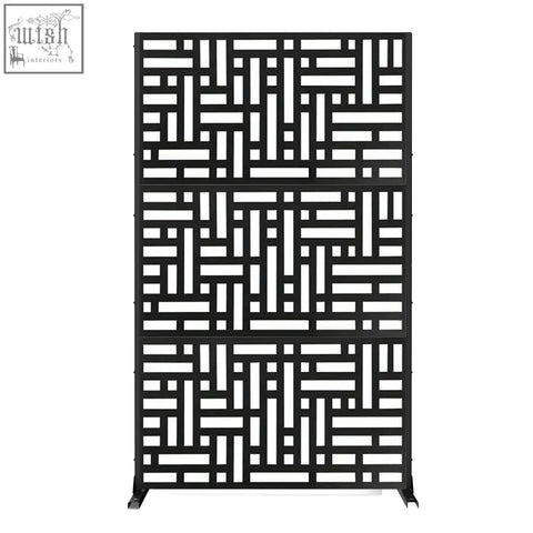 Black metal privacy screen with geometric lattice pattern ideal for indoor outdoor use 90cm by 180cm maze design