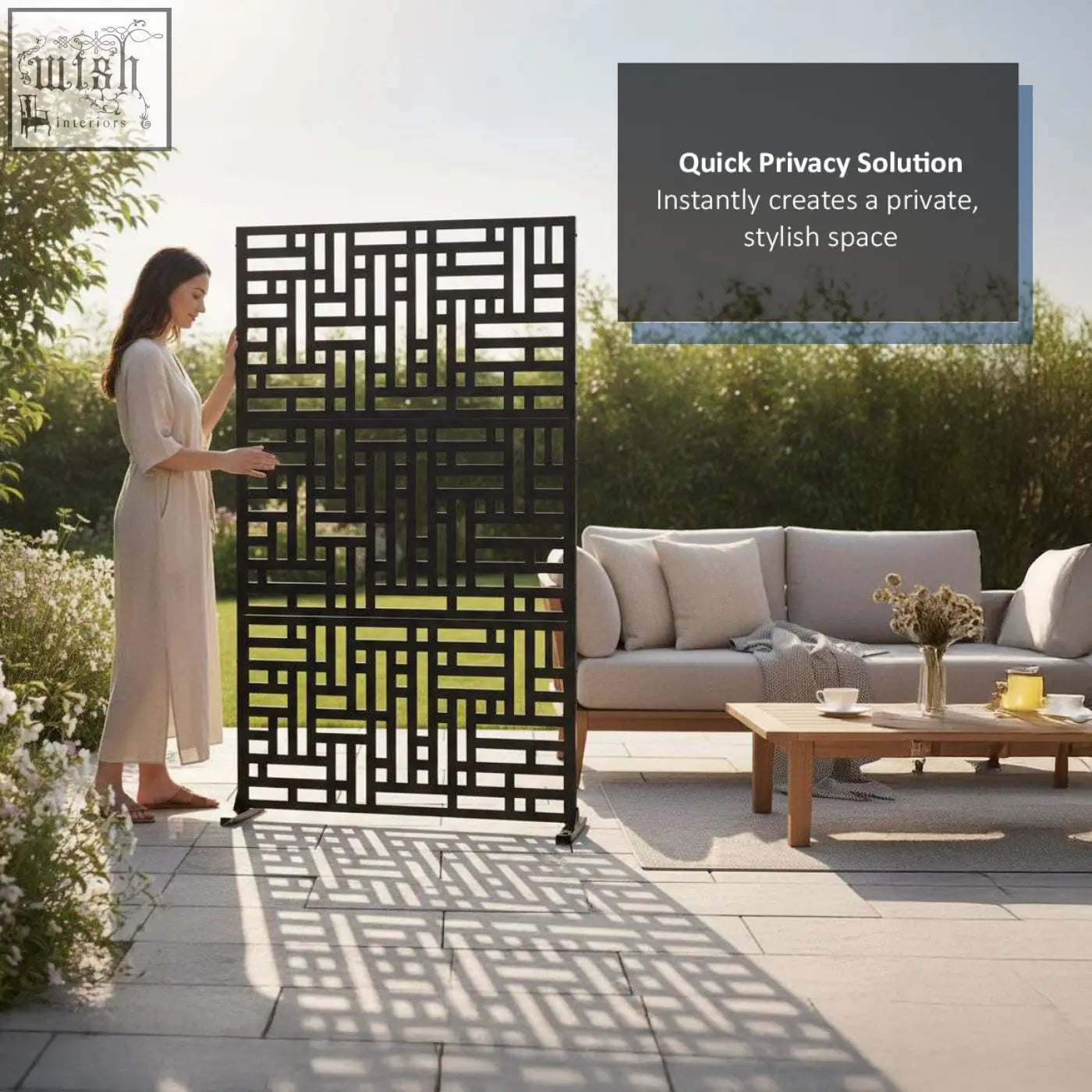Black metal privacy screen with geometric lattice design for indoor outdoor use metal privacy screen 90cm x 180cm maze