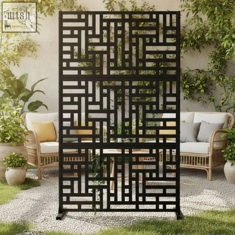Black metal privacy screen with geometric lattice design perfect for indoor outdoor privacy screen maze style