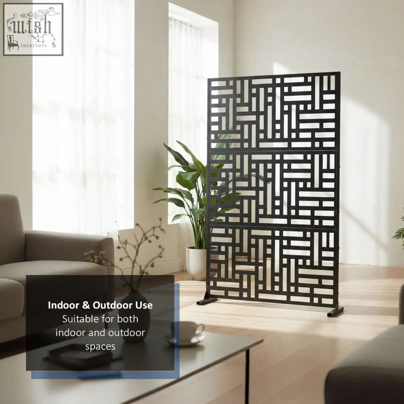 Black metal privacy screen with geometric lattice design for indoor outdoor use 90cm x 180cm maze style metal privacy