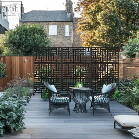 Black wrought iron metal privacy screen with geometric lattice design for indoor outdoor use 90cm x 180cm maze