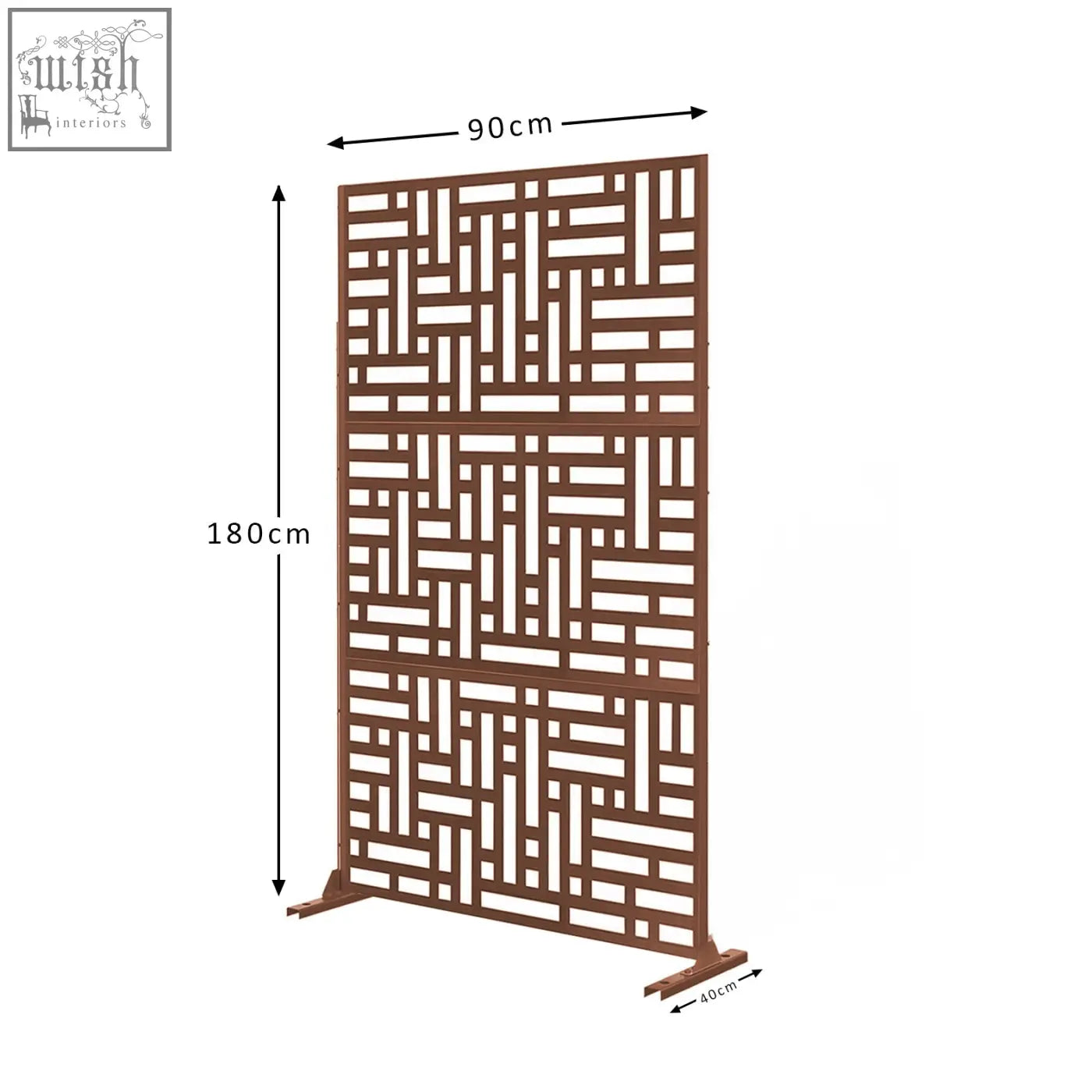 Brown metal privacy screen with geometric lattice design for indoor outdoor use metal privacy screen 90cm x 180cm maze
