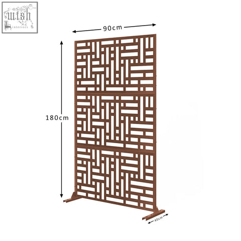 Brown metal privacy screen with geometric lattice design for indoor outdoor use metal privacy screen 90cm x 180cm maze