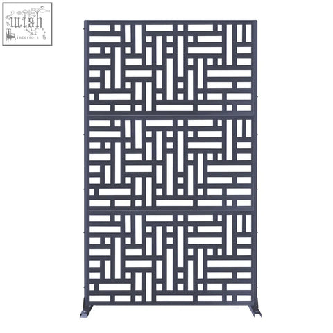 Dark gray metal privacy screen with geometric lattice pattern for indoor outdoor use 90cm x 180cm maze design
