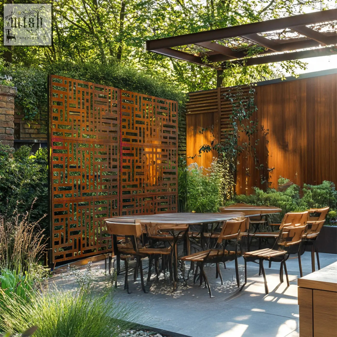 Rust-colored geometric metal privacy screen 90cm x 180cm maze design for indoor outdoor use