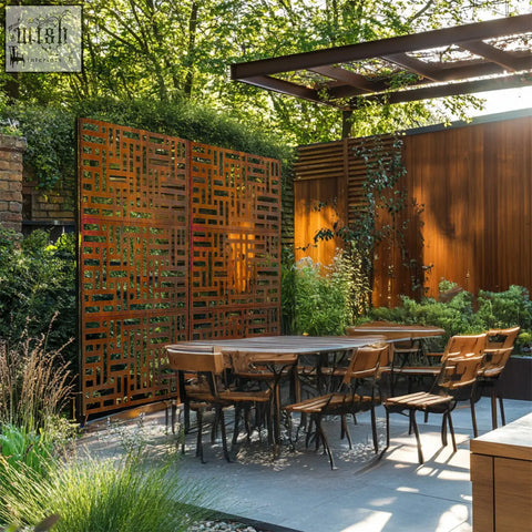 Rust-colored geometric metal privacy screen 90cm x 180cm maze design for indoor outdoor use