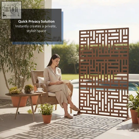 Rust-colored metal privacy screen with geometric lattice design perfect for indoor and outdoor use 90cm x 180cm