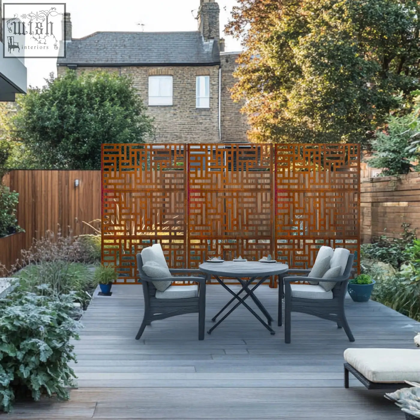 Rustic metal privacy screen with geometric interlocking lattice pattern for indoor outdoor use 90cm x 180cm maze