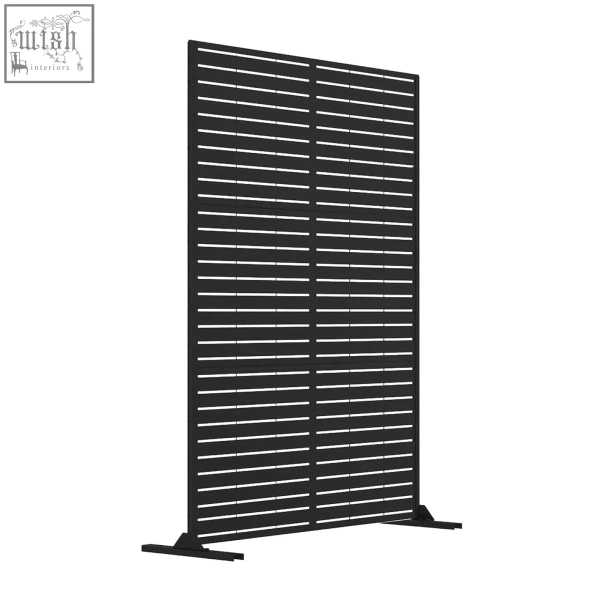 Black metal indoor outdoor privacy screen with horizontal metal slats and sturdy base 90cm x 180cm