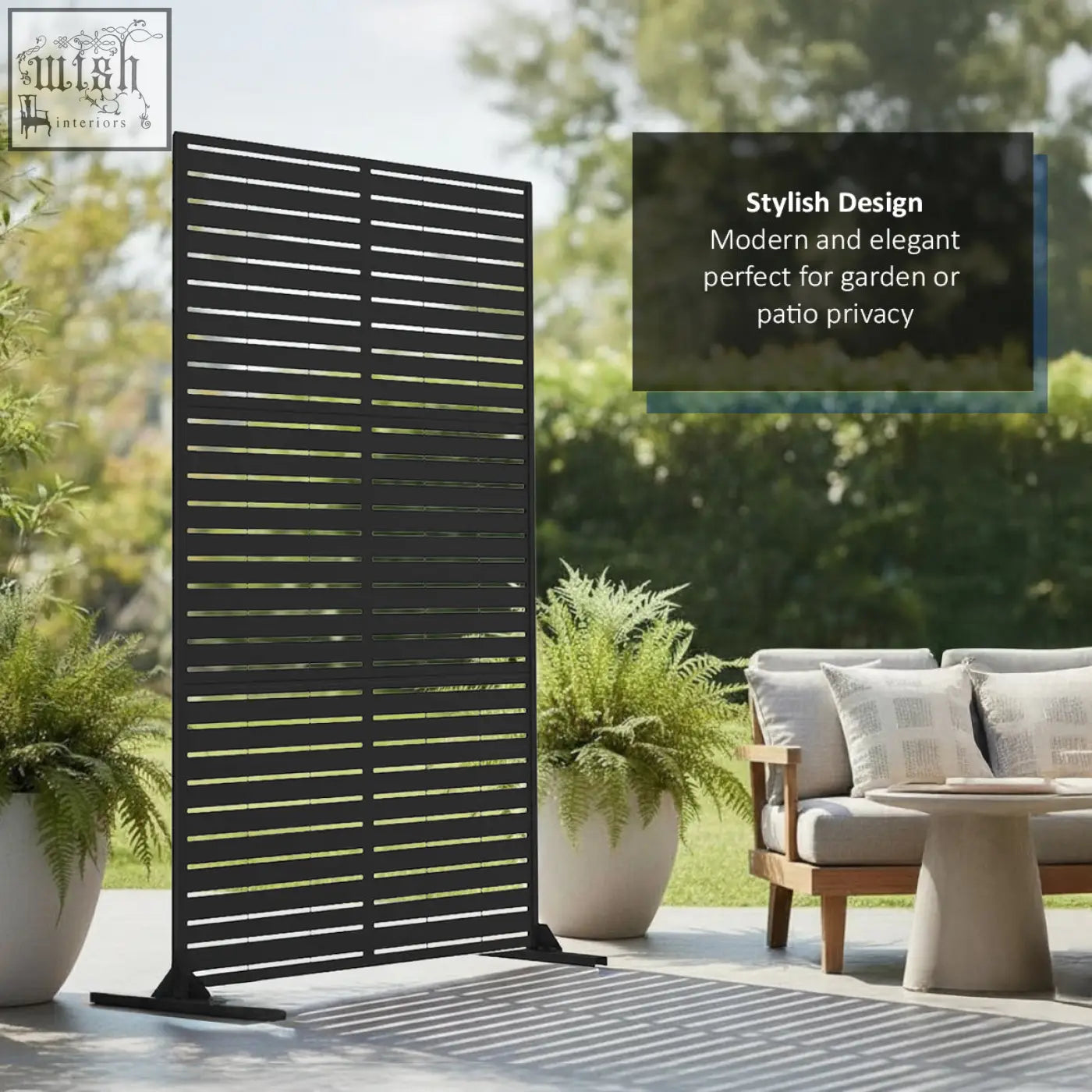 Black metal slat indoor outdoor privacy screen with modern elegant design 90cm by 180cm