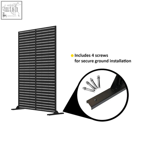 Black metal slat privacy screen with horizontal bars and ground anchors for indoor outdoor use 90cm x 180cm