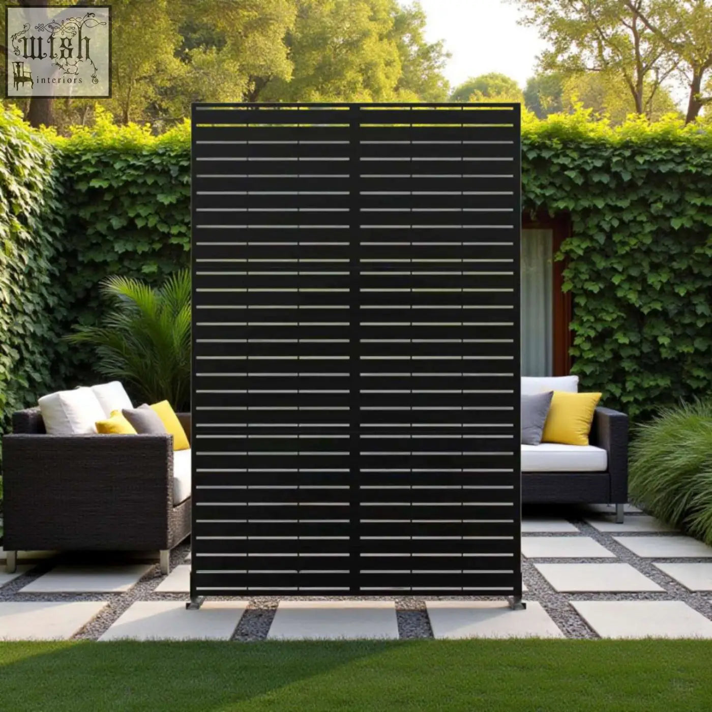 Black metal slat privacy screen with horizontal bars perfect for indoor outdoor use measuring 90cm by 180cm