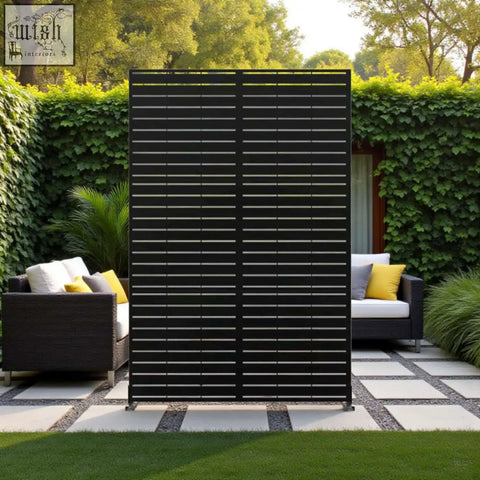 Black metal slat privacy screen with horizontal bars perfect for indoor outdoor use measuring 90cm by 180cm