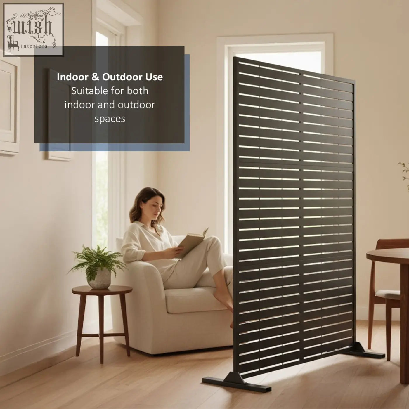 Black metal slat privacy screen with horizontal bars and sturdy base feet for indoor outdoor use 90cm x 180cm