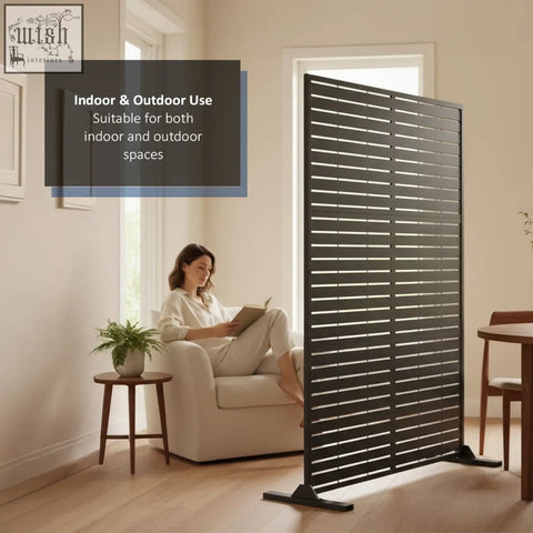 Black metal slat privacy screen with horizontal bars and sturdy base feet for indoor outdoor use 90cm x 180cm
