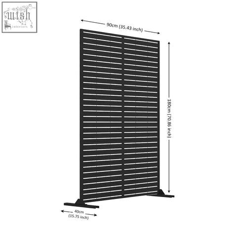 Black metal slatted indoor outdoor privacy screen with horizontal bars and sturdy base 90cm x 180cm