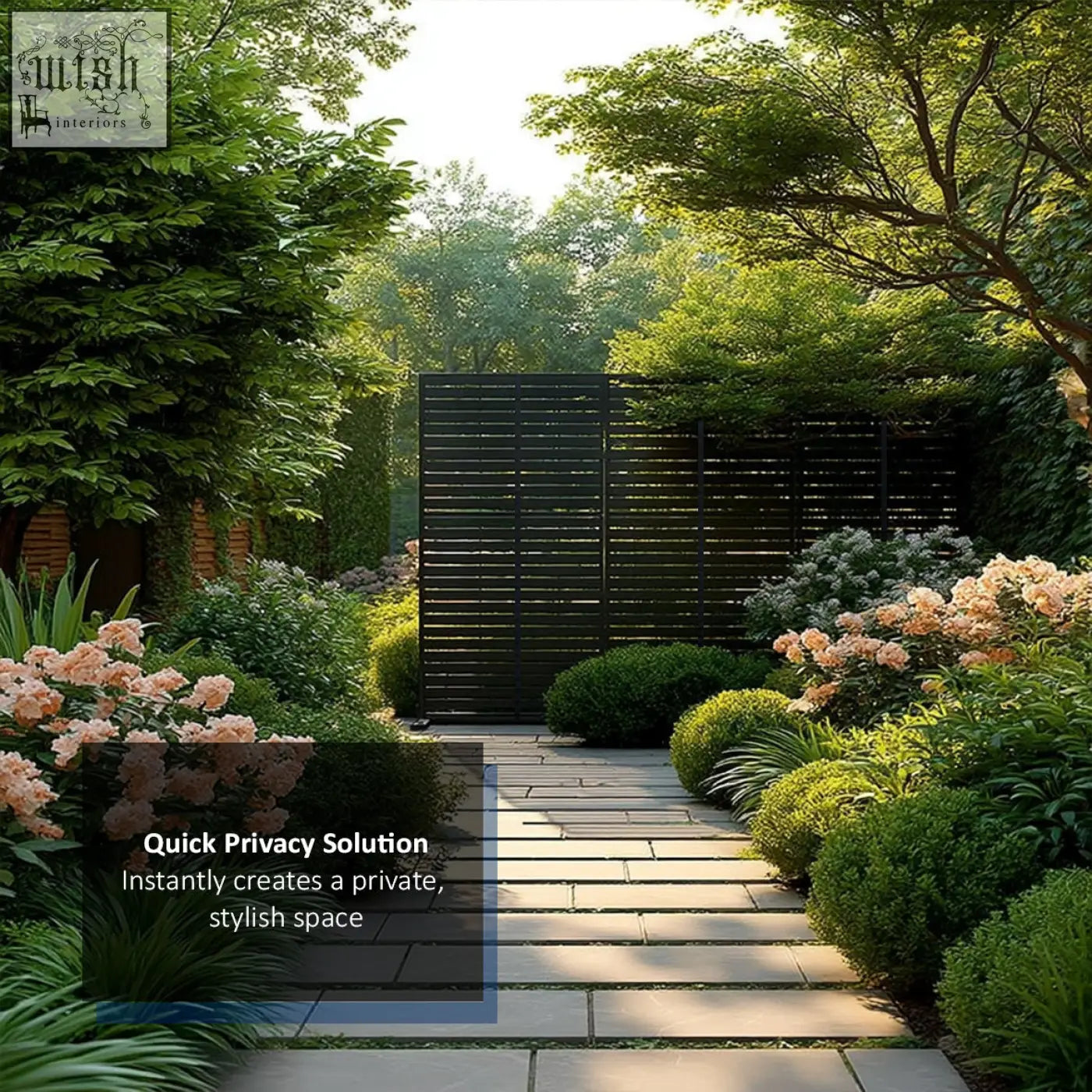 Black metal slat indoor outdoor privacy screen with slatted design measuring 90cm by 180cm
