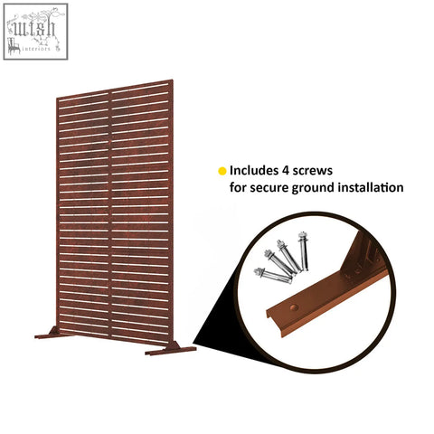 Brown metal indoor outdoor privacy screen with horizontal metal slats and sturdy base 90cm x 180cm