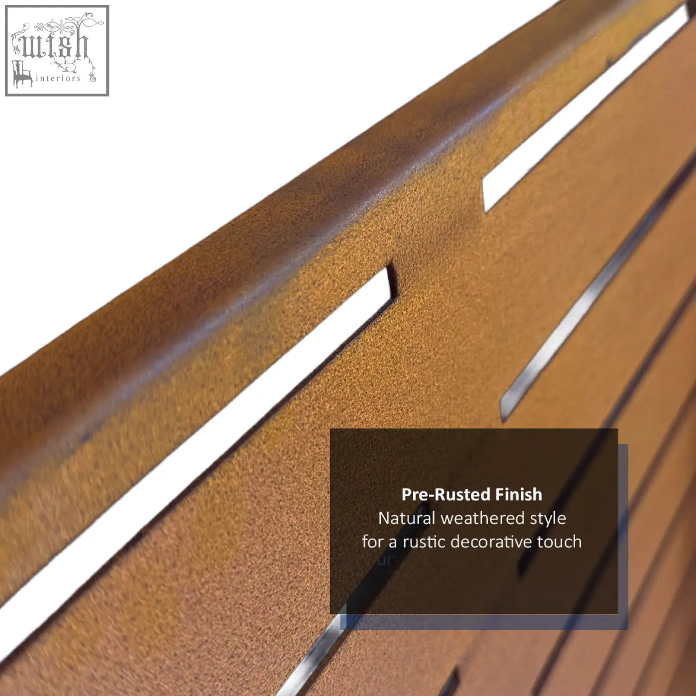 Brown pre-rusted metal indoor outdoor privacy screen with sleek silver metal slat accents 90cm x 180cm