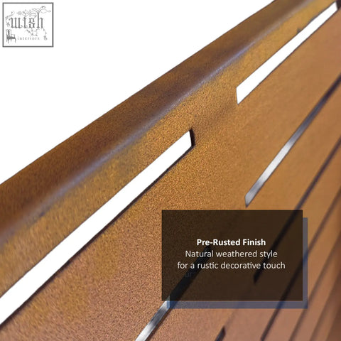 Brown pre-rusted metal indoor outdoor privacy screen with sleek silver metal slat accents 90cm x 180cm