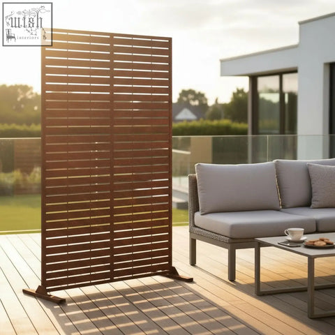 Brown wooden slat indoor outdoor privacy screen with metal frame and modern minimalist design 90cm by 180cm