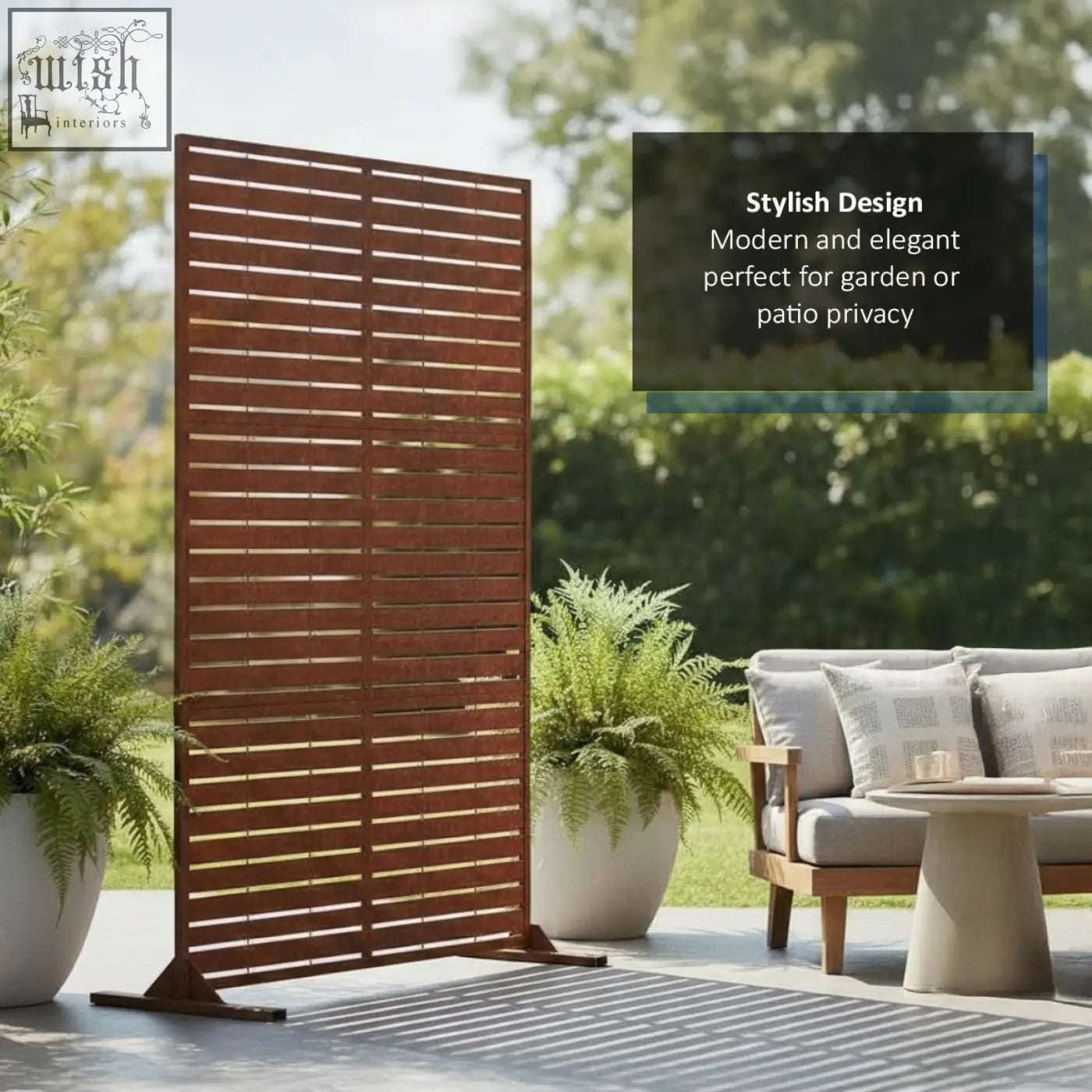 Brown wooden metal slat indoor outdoor privacy screen with modern elegant design 90cm by 180cm