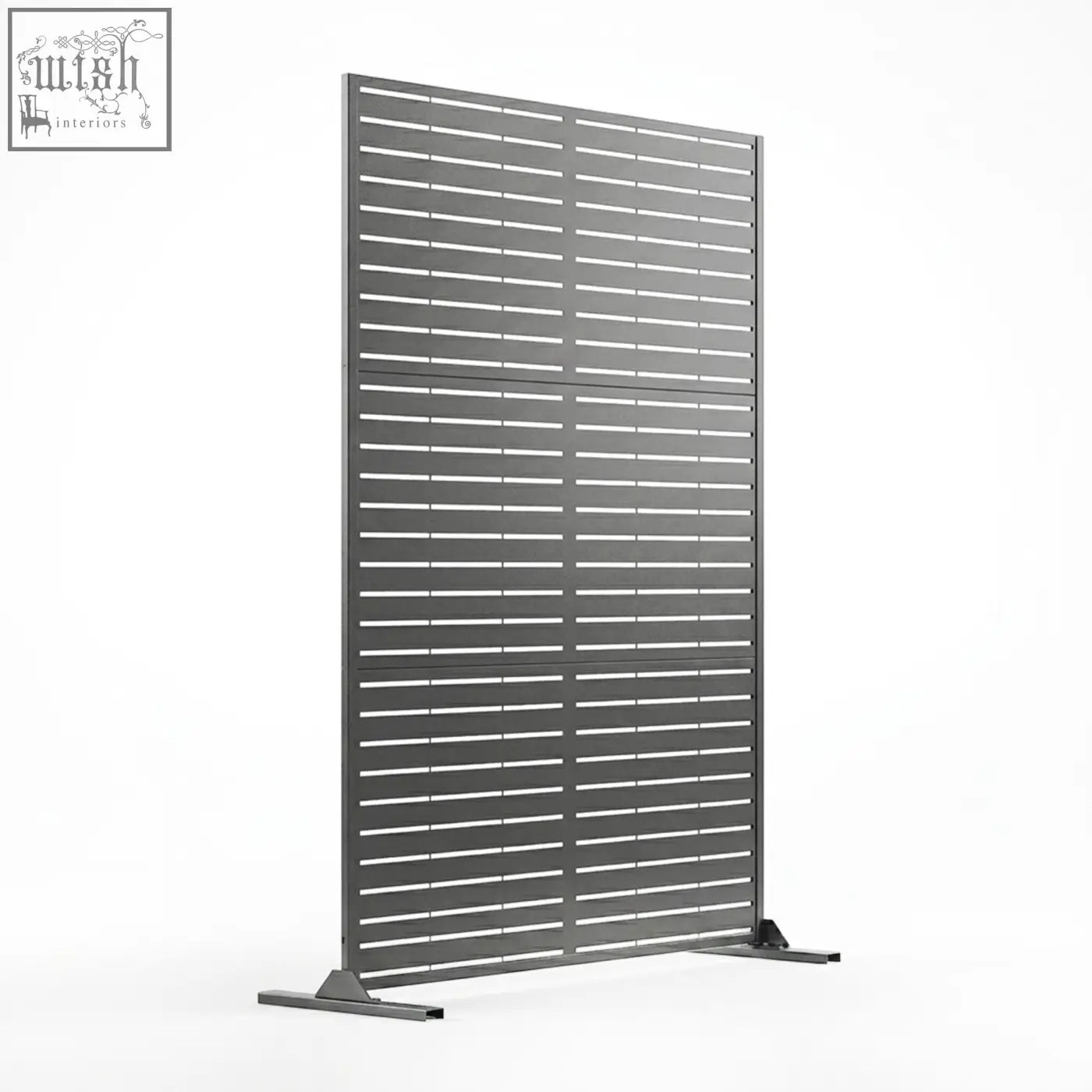 Modern gray metal indoor outdoor privacy screen with horizontal metal slats and sturdy base 90cm x 180cm