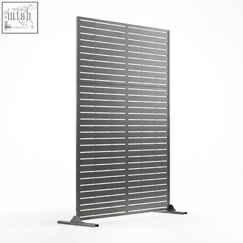 Modern gray metal indoor outdoor privacy screen with horizontal metal slats and sturdy base 90cm x 180cm