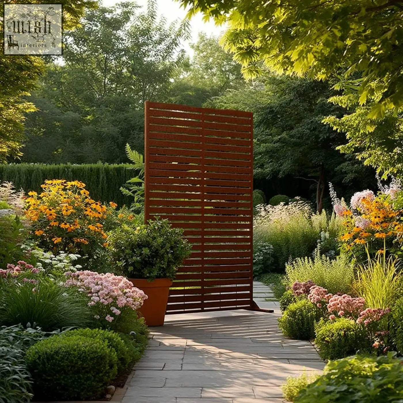 Rust-colored metal slat indoor outdoor privacy screen with wooden slats measuring 90cm by 180cm