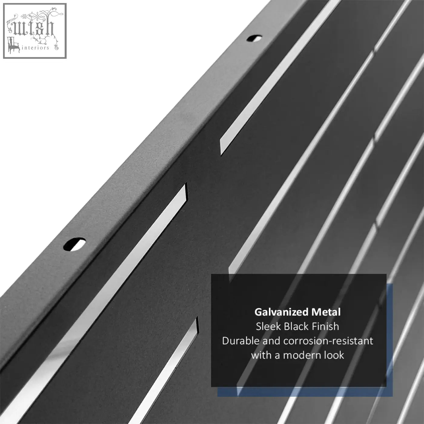 Sleek black galvanized metal indoor outdoor privacy screen with silver metal slat stripes and corrosion-resistant finish