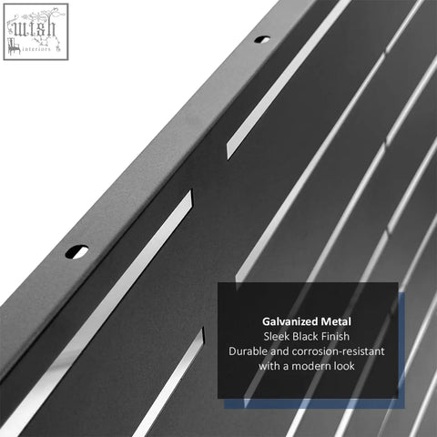 Sleek black galvanized metal indoor outdoor privacy screen with silver metal slat stripes and corrosion-resistant finish