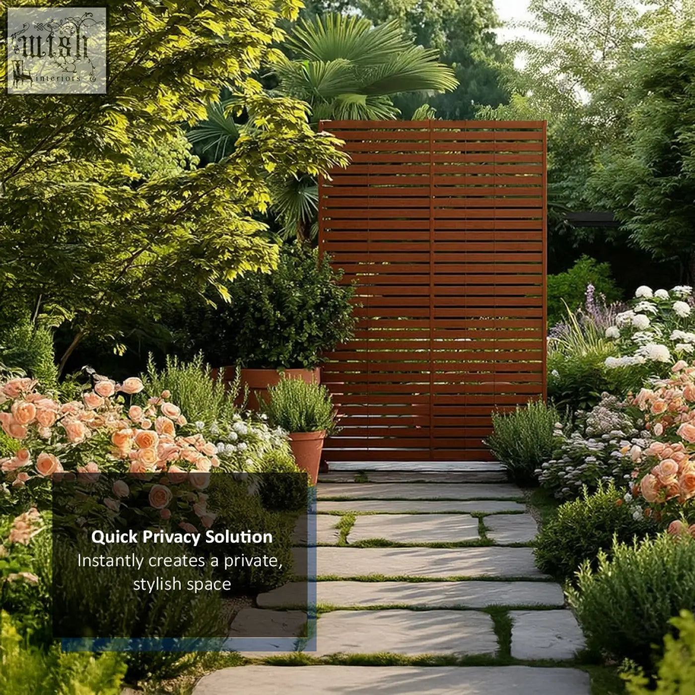 A tall metal slat privacy screen with horizontal slats in a lush garden perfect for indoor outdoor use