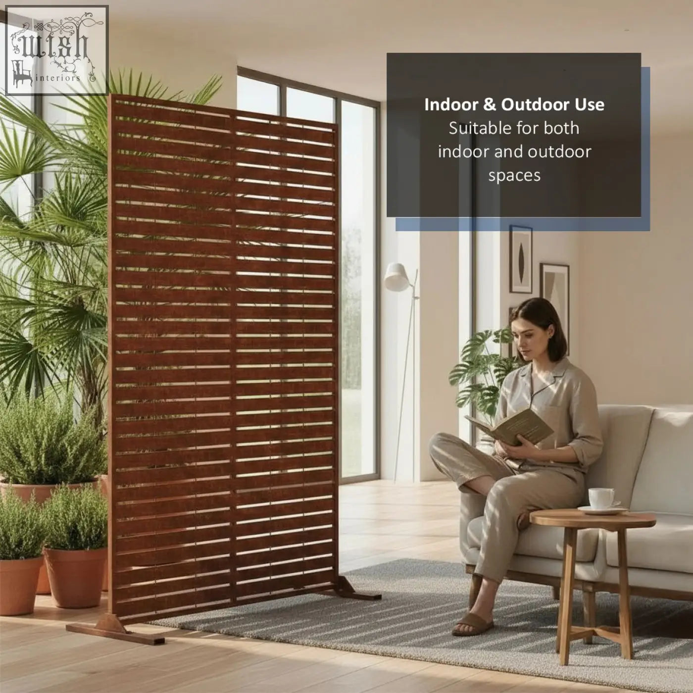 A tall brown metal slat indoor outdoor privacy screen with sleek modern design 90cm by 180cm