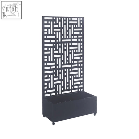 Black metal indoor outdoor privacy screen with geometric lattice and planter box base 90cm x 180cm